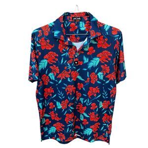 Bad Birdie McBloom Golf Polo Shirt Mens M Blue Red Short Sleeve Floral Flower